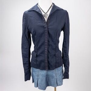 Navy Linen‎ Blend Fitted Blazer - Minimalist Officecore Capsule Workwear